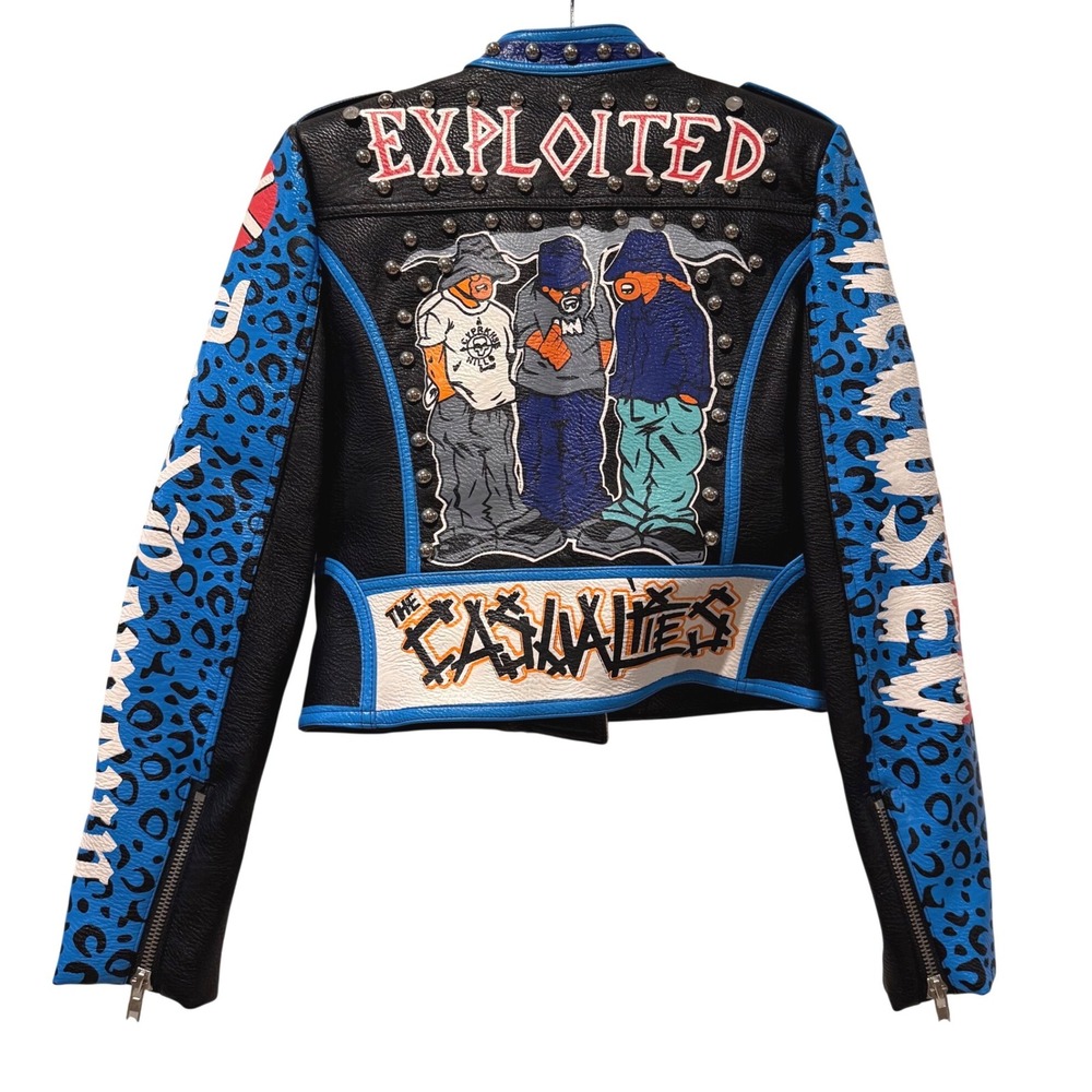 BY THE NANA Studded‎ Leather Cropped Motorcycle Jacket Blue Leopard Print Size L - Picture 5 of 7